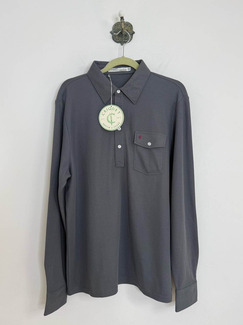 Criquet Polo Shirt Gray Players Long Sleeve Pocket Pima Cotton Golf Men's L NWT